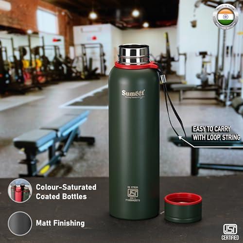 Sumeet Nero 24 Hrs Hot & Cold ISI Certified Stainless Steel Leak Proof Water Bottle for Office/School/College/Gym/Picnic/Home/Trekking -900ml, Pack of 1, Green
