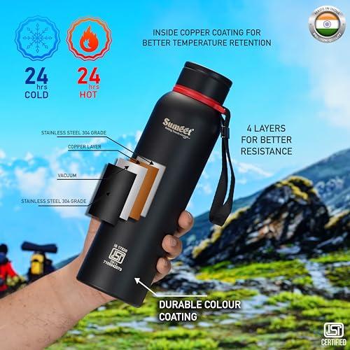 Sumeet Nero 24 Hrs Hot & Cold ISI Certified Stainless Steel Leak Proof Water Bottle for Office/School/College/Gym/Picnic/Home/Trekking -900ml, Pack of 1, Black