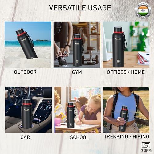 Sumeet Nero 24 Hrs Hot & Cold ISI Certified Stainless Steel Leak Proof Water Bottle for Office/School/College/Gym/Picnic/Home/Trekking -900ml, Pack of 1, Black