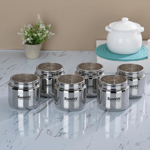Sumeet Stainless Steel Canisters/Dabba/Storage Containers for Kitchen with See Through Lid, Set of 6 Pcs, 800ml Each, 11cm Dia, Silver