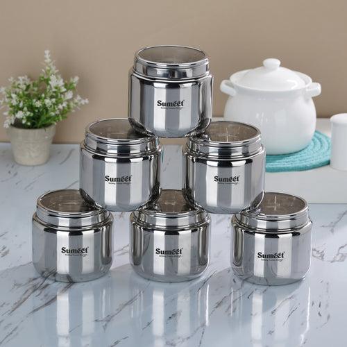 Sumeet Stainless Steel Canisters/Dabba/Storage Containers for Kitchen with See Through Lid, Set of 6 Pcs, 800ml Each, 11cm Dia, Silver