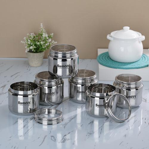 Sumeet Stainless Steel Canisters/Dabba/Storage Containers for Kitchen with See Through Lid, Set of 6 Pcs, 800ml Each, 11cm Dia, Silver