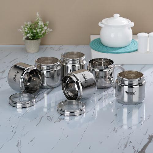 Sumeet Stainless Steel Canisters/Dabba/Storage Containers for Kitchen with See Through Lid, Set of 6 Pcs, 800ml Each, 11cm Dia, Silver