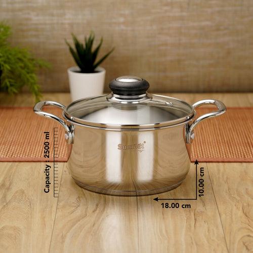 Sumeet Stainless Steel Induction Bottom (Encapsulated Bottom) Casserole with Glass Lid 2.5 LTR, 18 cm Dia, Silver