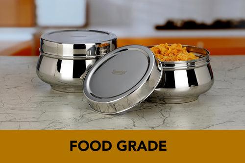 Sumeet Stainless Steel Handi Shape Big Size Canisters/Dabba/Storage Containers Set for kitchen 14.5cm Dia, 1450ml, Pack of 2, Silver