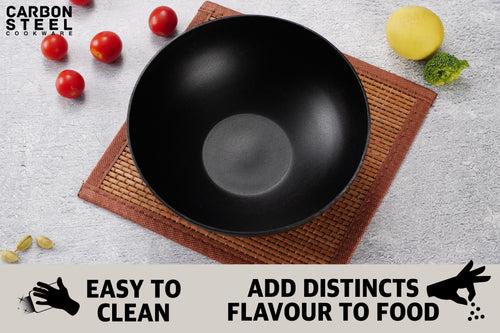 Sumeet Super Smooth Pre Seasoned Carbon Steel (Iron) Deep Tasra for Cooking and Deep Frying|Naturally Nonstick |22cm | 1750ml, Gas & Induction-Friendly, Black