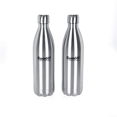 Sumeet Stainless Steel Double Walled Flask / Water Bottle, 24 Hours Hot and Cold, 1000 ml, Silver - Set of 2Pc