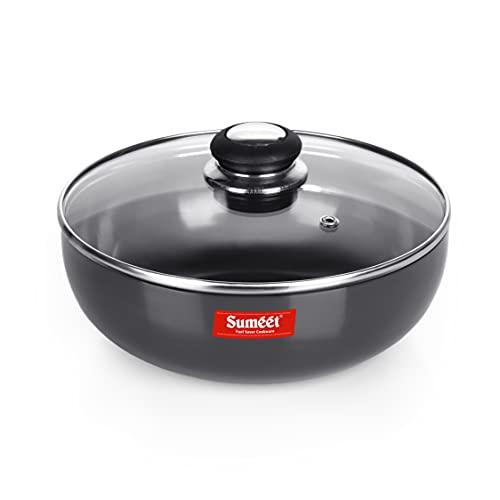 Sumeet 3mm Hard Anodized Deep Tasla with Glass Lid Size No. - 15 (28.5cm Dia. 4.5 LTR Capacity)