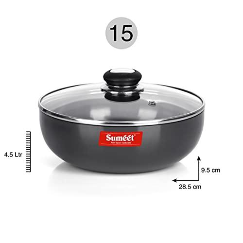 Sumeet 3mm Hard Anodized Deep Tasla with Glass Lid Size No. - 15 (28.5cm Dia. 4.5 LTR Capacity)