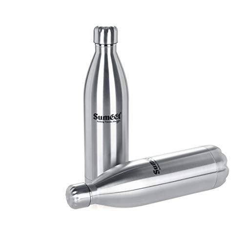 Sumeet Stainless Steel Double Walled Flask / Water Bottle, 24 Hours Hot and Cold, 1000 ml, Silver - Set of 2Pc