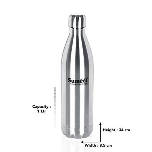 Sumeet Stainless Steel Double Walled Flask / Water Bottle, 24 Hours Hot and Cold, 1000 ml, Silver - Set of 2Pc