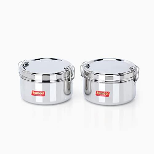 Sumeet Stainless Steel Meal Pack Lunch Box / Tiffin with Steel Separator Plate and Locking Clip, Set of 2Pc, 500ML Each, 13cm Dia, Silver