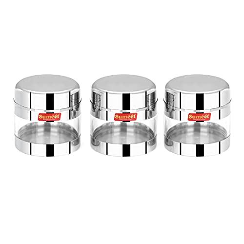 Sumeet Stainless Steel Circular See Through/Transparent Container, Set of 3Pc, 300 Ml Each, 8.5cm Dia - Silver