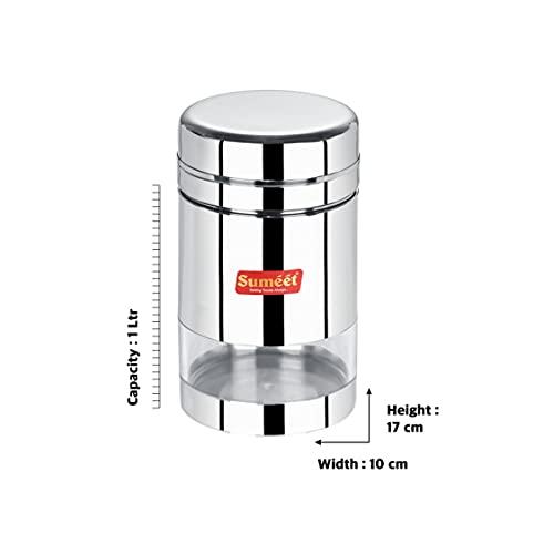 Sumeet Stainless Steel Circular See Through / Transparent Container, Set of 3Pc, 1 Ltr each, 10cm Dia, Silver