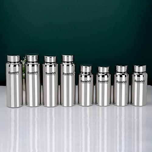 Sumeet Stainless Steel Jointless Akhand Leak-Proof Water Bottle / Fridge Bottle Set 800ML and 600ML - Pack of 8, Silver