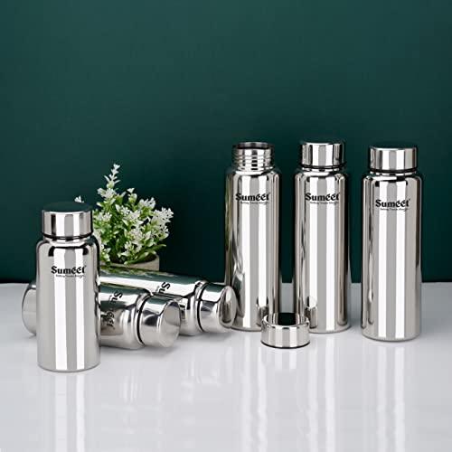 Sumeet Stainless Steel Jointless Akhand Leak-Proof Water Bottle / Fridge Bottle Set 800ML and 600ML - Pack of 6, Silver