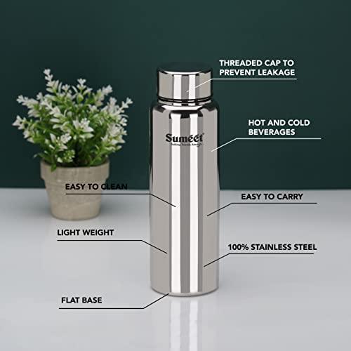 Sumeet Stainless Steel Jointless Akhand Leak-Proof Water Bottle / Fridge Bottle - 800ML Pack of 2, Silver