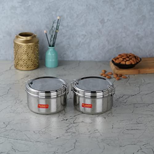 Sumeet Stainless Steel Meal Pack Lunch Box / Tiffin with Steel Separator Plate and Locking Clip, Set of 2Pc, 500ML Each, 13cm Dia, Silver