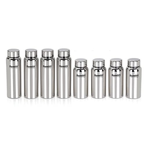 Sumeet Stainless Steel Jointless Akhand Leak-Proof Water Bottle / Fridge Bottle Set 800ML and 600ML - Pack of 8, Silver