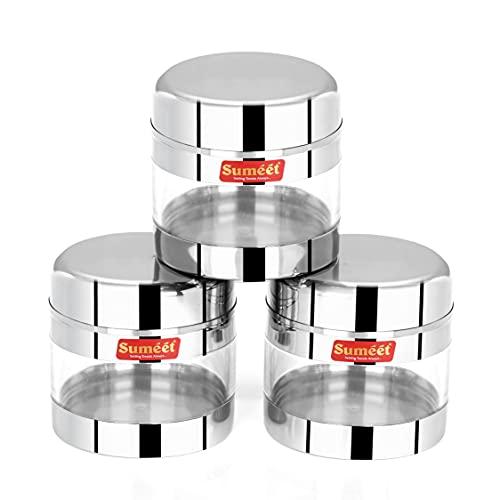 Sumeet Stainless Steel Circular See Through/Transparent Container, Set of 3Pc, 300 Ml Each, 8.5cm Dia - Silver