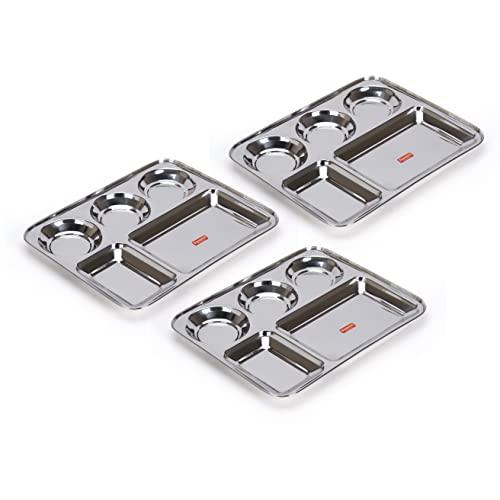 Sumeet Stainless Steel Rectangular 5 in 1 Compartment Lunch / Dinner Plate Set of 3Pcs, 37.4cm Dia, Silver