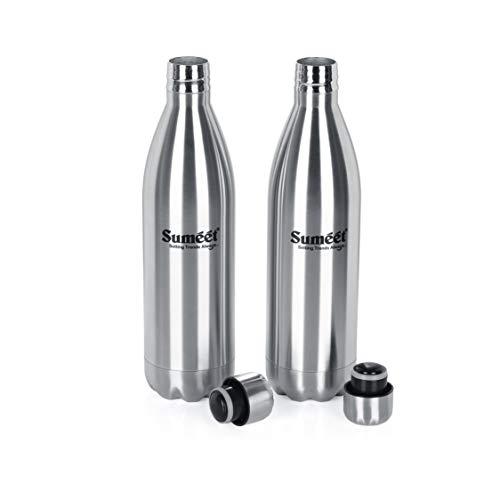 Sumeet Stainless Steel Double Walled Flask / Water Bottle, 24 Hours Hot and Cold, 1000 ml, Silver - Set of 2Pc