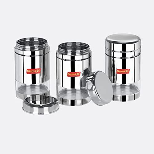 Sumeet Stainless Steel Circular See Through / Transparent Container, Set of 3Pc, 1 Ltr each, 10cm Dia, Silver