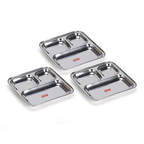 Sumeet Stainless Steel 3 in 1 Idli WADA Compartment Plate / Snack Plate / Breakfast Plate Set of 3Pcs, 24.5cm Dia, Silver