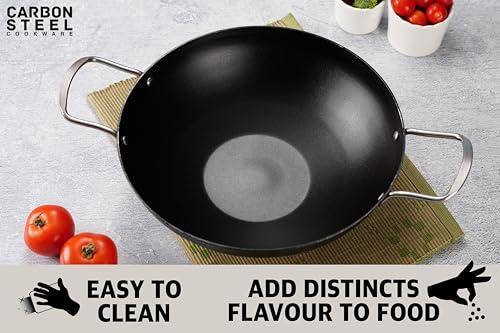 Sumeet Super Smooth Pre Seasoned Carbon Steel (Iron) Deep Kadai for Cooking and Deep Frying|Naturally Nonstick |25cm | 2450ml, Gas & Induction-Friendly, Black