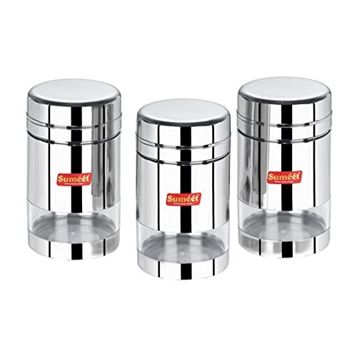 Sumeet Stainless Steel Circular See Through / Transparent Container, Set of 3Pc, 1 Ltr each, 10cm Dia, Silver