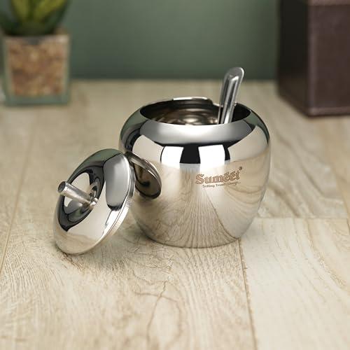 Sumeet Stainless Steel Apple Shape Ghee and Oil Pot, Storage Container with Spoon for Kitchen, 9cm Dia, 350ML - Silver (Pack of 1)