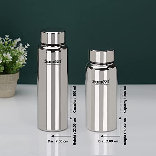 Sumeet Stainless Steel Jointless Akhand Leak-Proof Water Bottle / Fridge Bottle Set 800ML and 600ML - Pack of 8, Silver