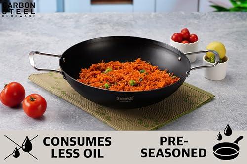 Sumeet Super Smooth Pre Seasoned Carbon Steel (Iron) Deep Kadai for Cooking and Deep Frying|Naturally Nonstick |25cm | 2450ml, Gas & Induction-Friendly, Black