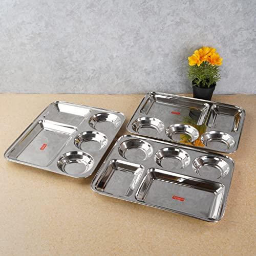 Sumeet Stainless Steel Rectangular 5 in 1 Compartment Lunch / Dinner Plate Set of 3Pcs, 37.4cm Dia, Silver