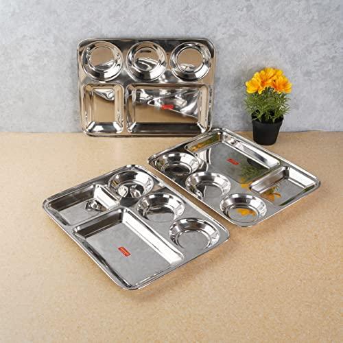 Sumeet Stainless Steel Rectangular 5 in 1 Compartment Lunch / Dinner Plate Set of 3Pcs, 33.5cm Dia, Silver