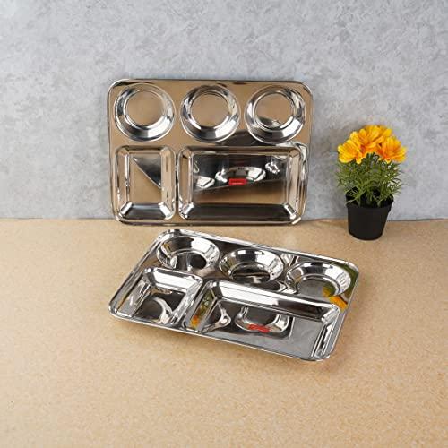 Sumeet Stainless Steel Rectangular 5 in 1 Compartment Lunch / Dinner Plate Set of 2Pcs, 37.4cm Dia, Silver