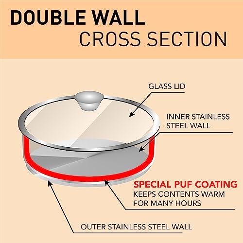 Sumeet Smart Serve Stainless Steel Double Wall Insulated Small Hot Sabji/Gravy/Meal Pot/Server/Casserole with Glass Lid, 550ml, Set of 2pc, Silver