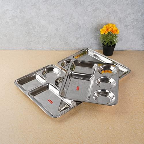 Sumeet Stainless Steel Rectangular 5 in 1 Compartment Lunch / Dinner Plate Set of 3Pcs, 33.5cm Dia, Silver
