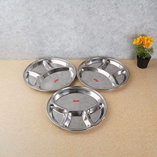 Sumeet Stainless Steel Round 4 in 1 Compartment Lunch / Dinner Plate Set of 3Pcs, 32.5cm Dia, Silver