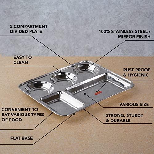 Sumeet Stainless Steel Rectangular 5 in 1 Compartment Lunch / Dinner Plate Set of 3Pcs, 33.5cm Dia, Silver