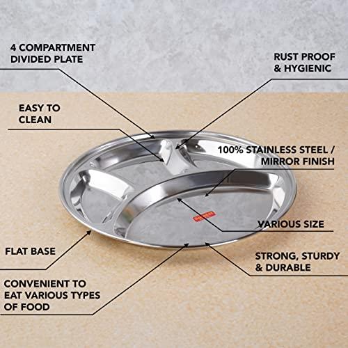 Sumeet Stainless Steel Round 4 in 1 Compartment Lunch / Dinner Plate Set of 2Pcs, 30.3cm Dia, Silver