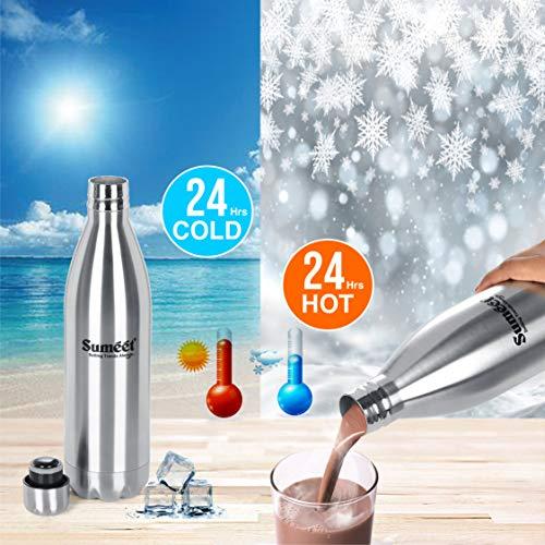 Sumeet Stainless Steel Double Walled Flask / Water Bottle, 24 Hours Hot and Cold, 1000 ml, Silver - Set of 2Pc