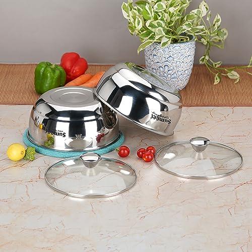 Sumeet Smart Serve Stainless Steel Double Wall Insulated Hot Sabji/Gravy/Meal Pot/Server/Casserole with Glass Lid, 1L, Set of 2pc, Silver