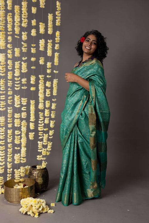 'ARAM BAGH: GREEN' Hand block printed Tussar silk