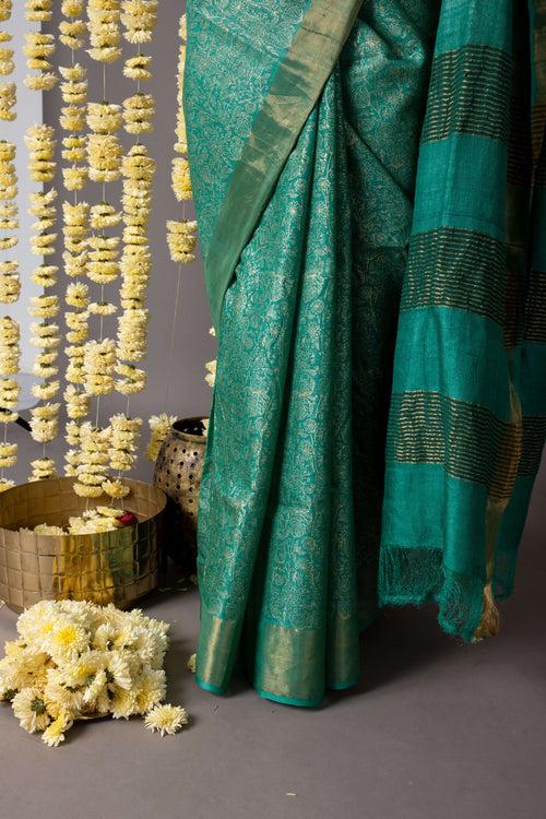 'ARAM BAGH: GREEN' Hand block printed Tussar silk