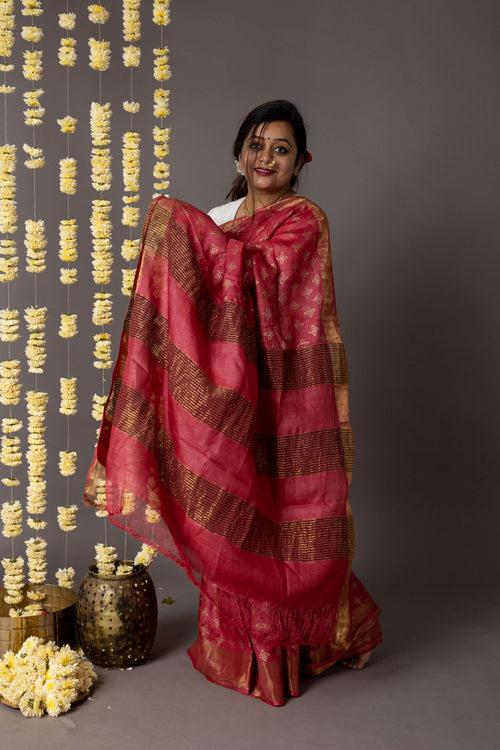 'AMER: RED' Hand block printed Tussar silk