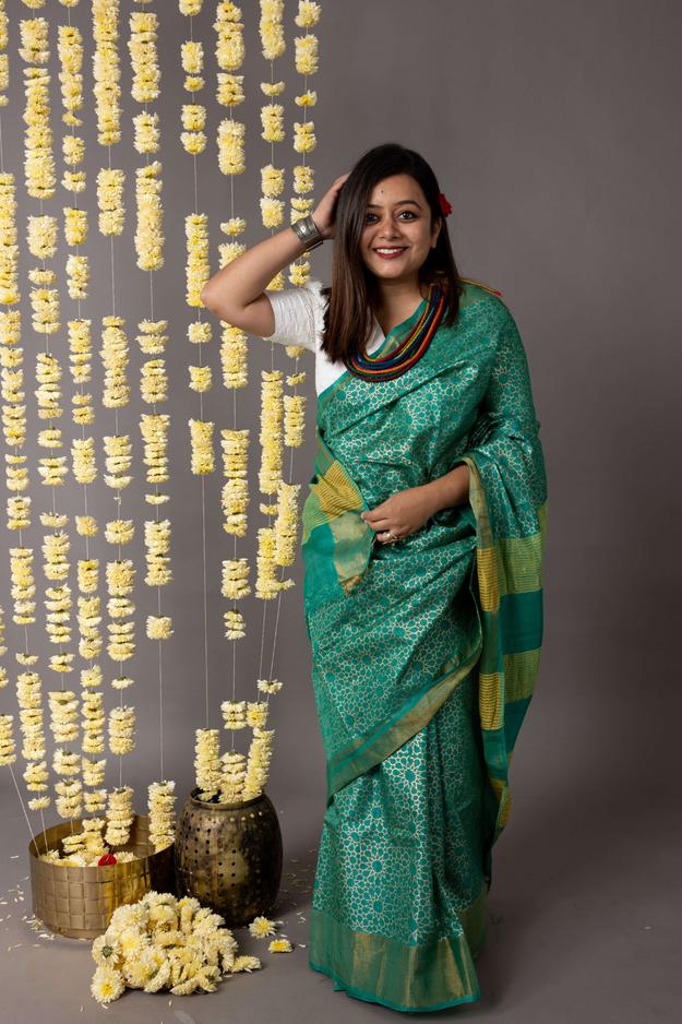 'GOL GUMBAZ: GREEN' Hand block printed Tussar silk