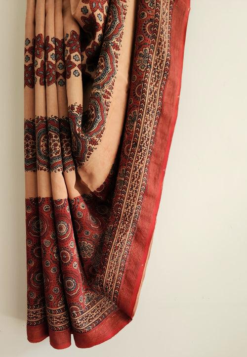 'DURGAWATI: Red' Ajrakh on handwoven Maheshwari