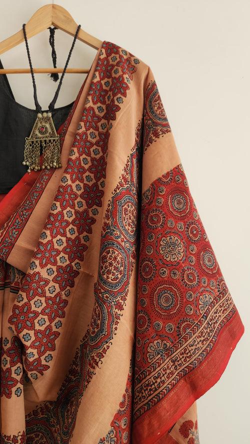 'DURGAWATI: Red' Ajrakh on handwoven Maheshwari