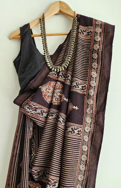 'SHAHJEHAN: Black' Ajrakh on handwoven Maheshwari